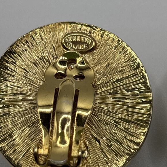 VTG Kenneth Lane L Faux Pearl Cabochon Rhinestone Black Enamel Clip On Earrings - Picture 6 of 8